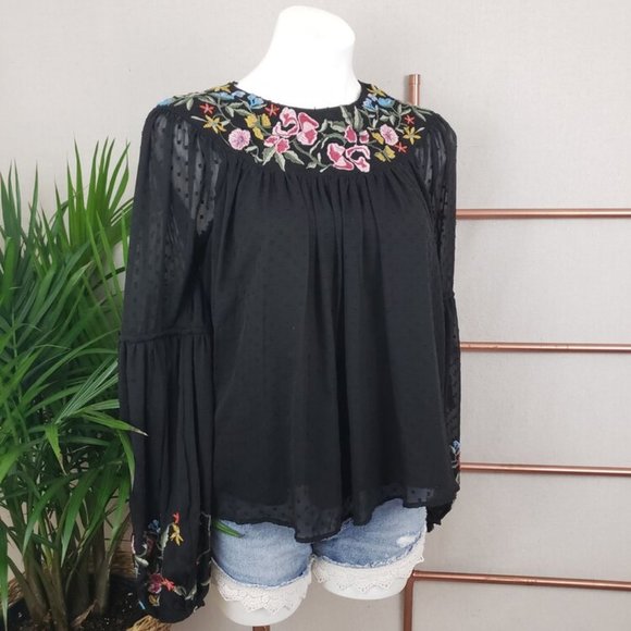 Zara Black Swiss Dot Embroidered Swing Top (XS) - Picture 1 of 8